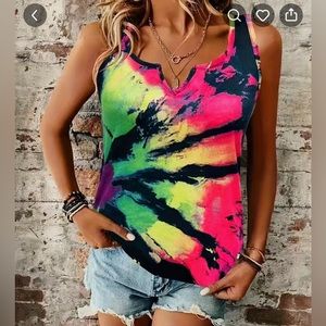 Bright Yellow Tie Dye Notched Neck Tank Top